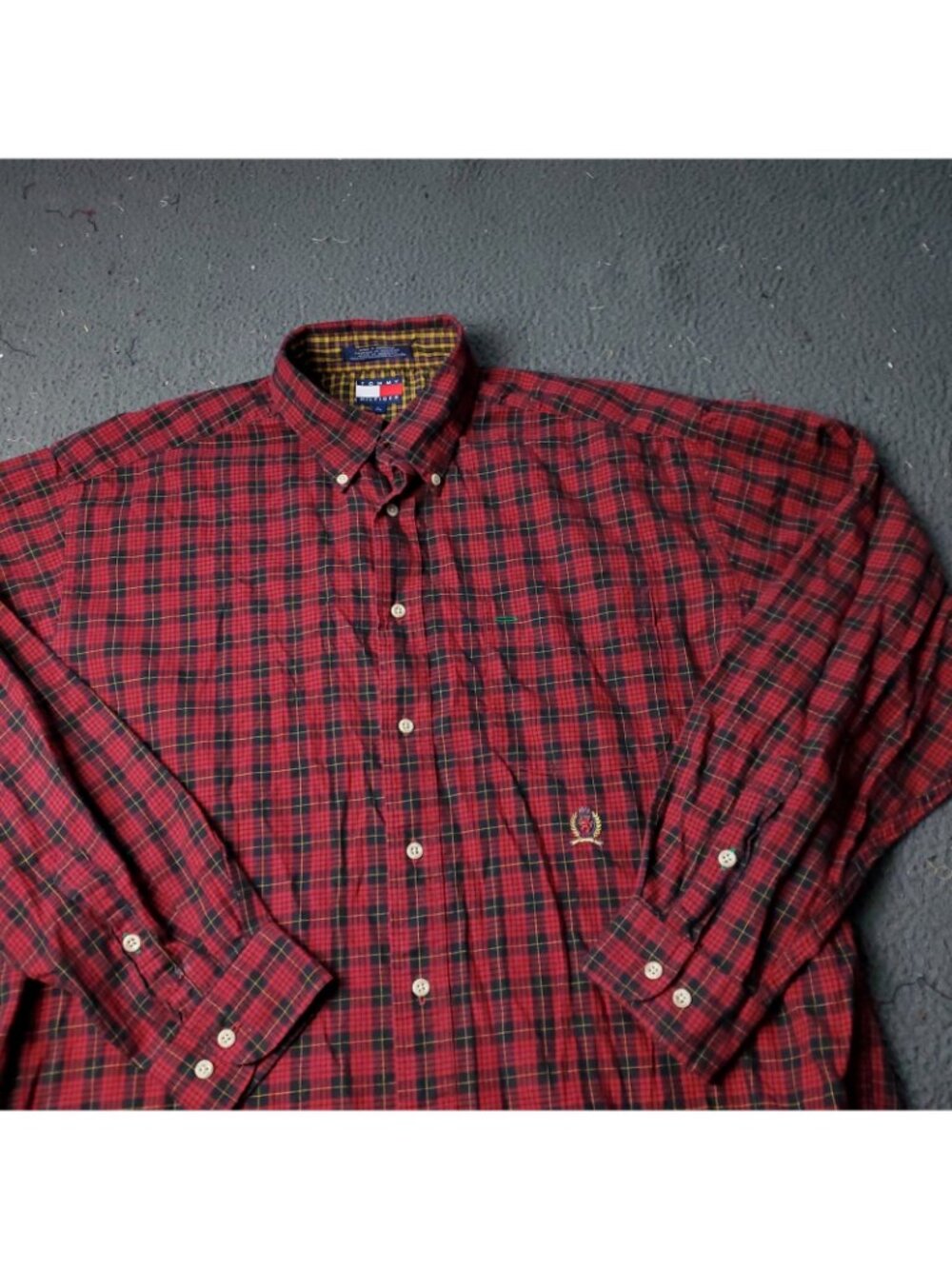 VINTAGE 90s Tommy Hilfiger Shirt Mens L Large Button Long Sleeve Red Plaid